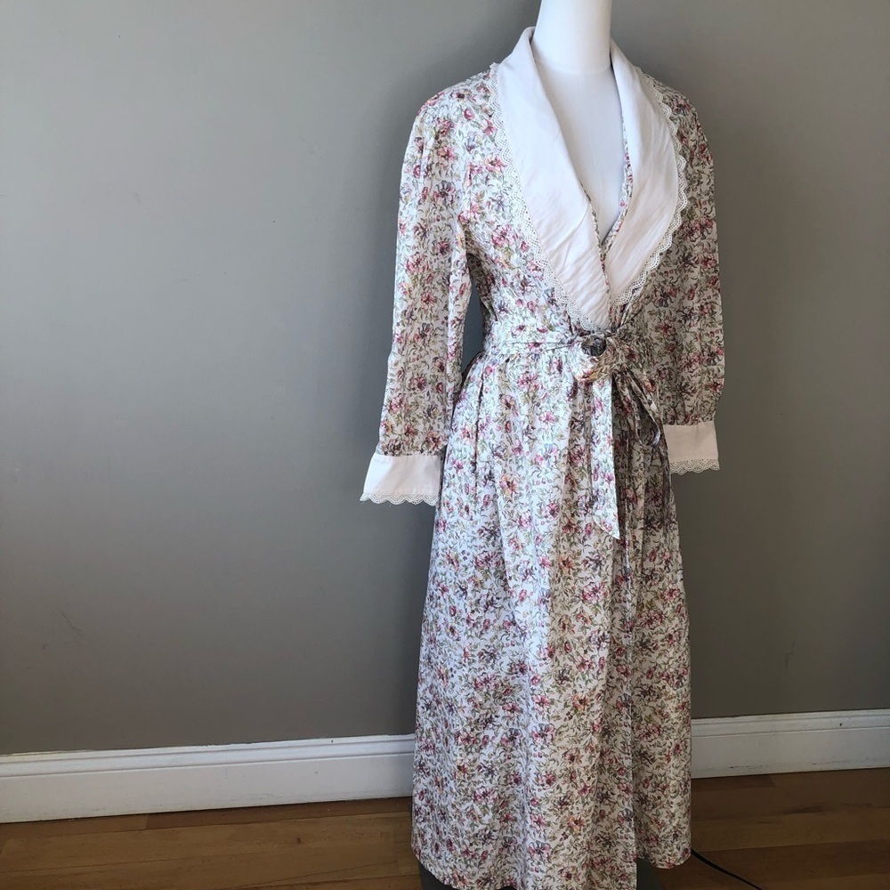 Vintage Laura Adams Floral Robe Wrap Cottage Prairie Maxi Dress M/L - Picture 3 of 11